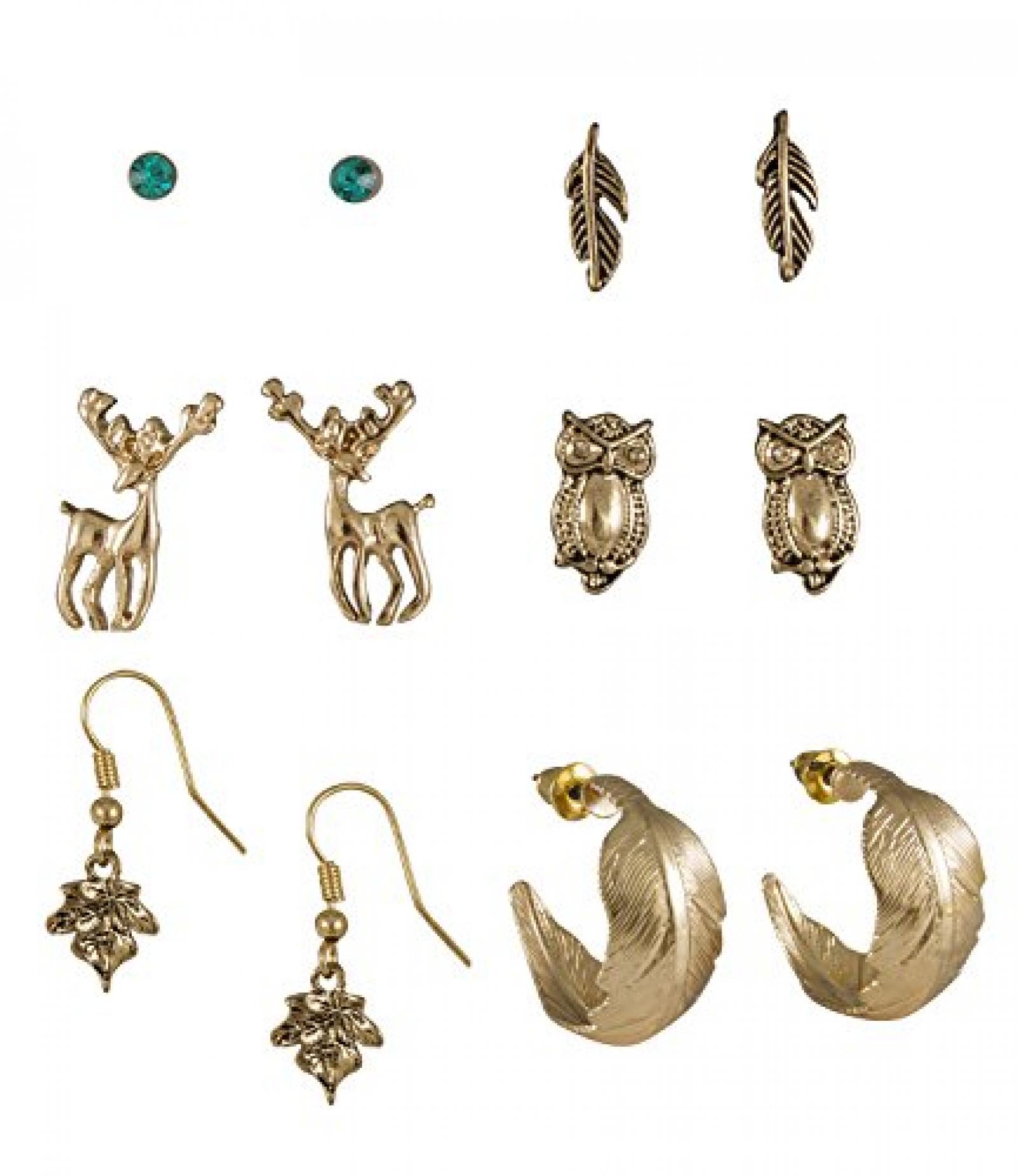 SIX "Sweet Autumn" 6er Set goldener Ohrschmuck, Bl&auml;tter, Eulen, Hirsche (393-157) 